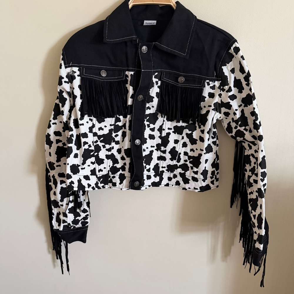 Spirit Black & White Cow Print Fringe Cropped Jacket